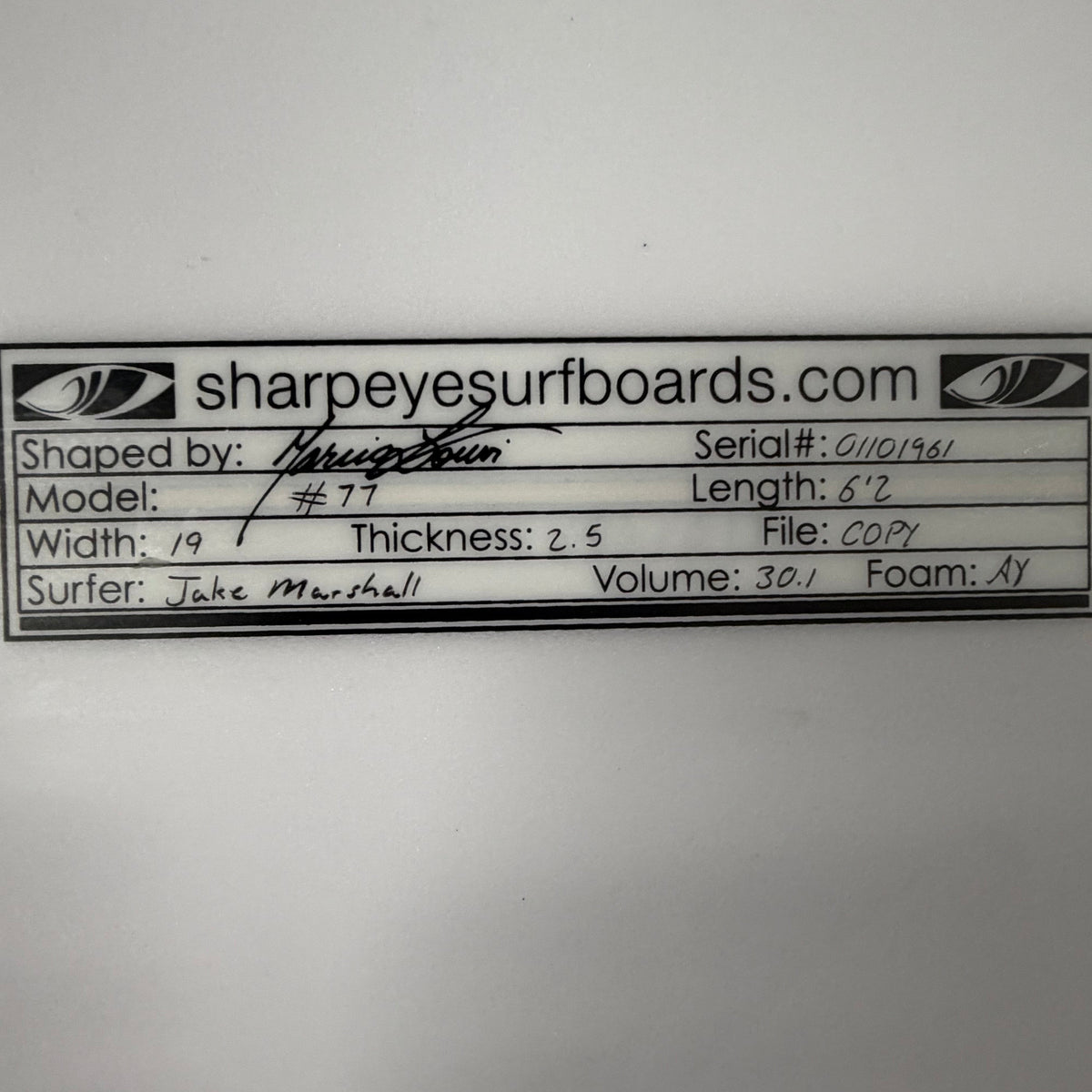 Used Jake Marshall #77 6'2" x 19" x 2.5" 30.1L