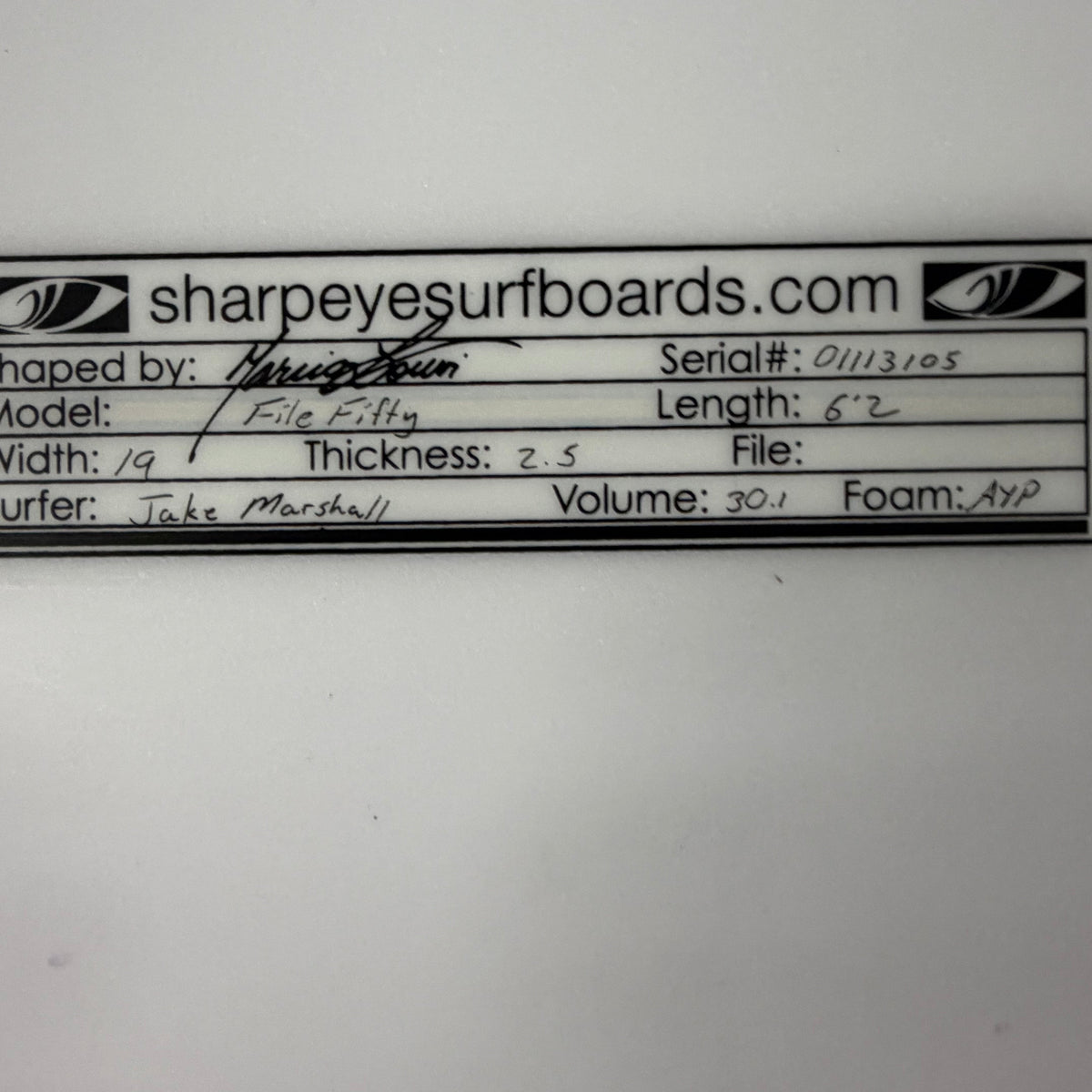 Used Jake Marshall File Fifty 6'2" x 19" x 2.5" 30.1L