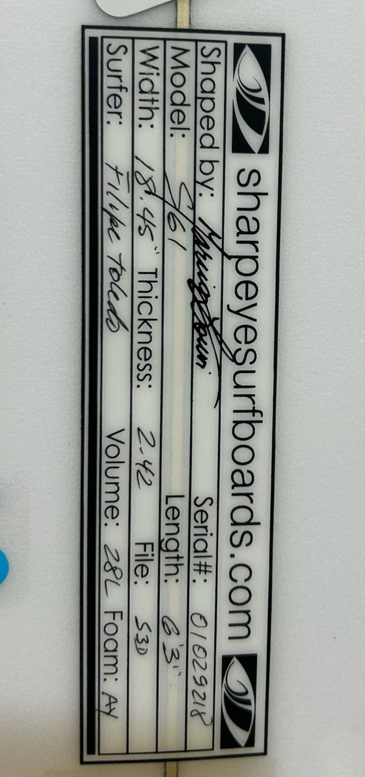 Used Filipe Toledo SG-1 6'3 x 18.45 x 2.42 28L