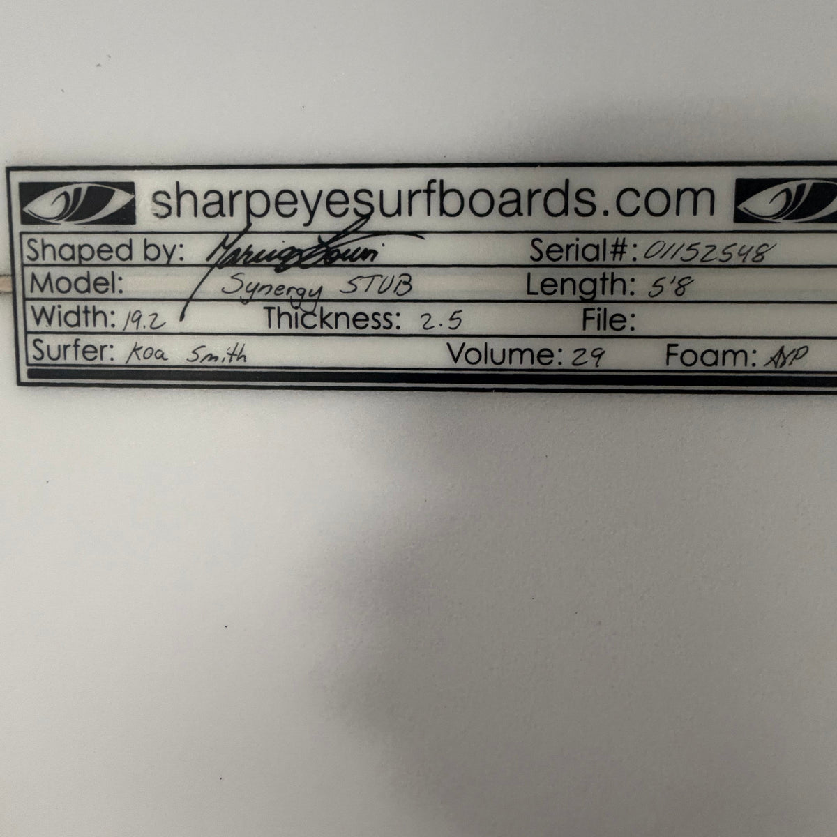 Used Koa Smith Synergy Stub 5'8" x 19.2" 2.5" 29L