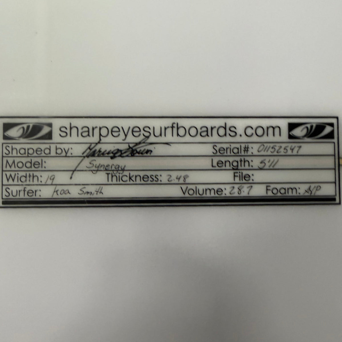 Used Koa Smith Synergy 5'11" x 19" x 2.48" 28.7L (Small Crease Professionally Repaired)