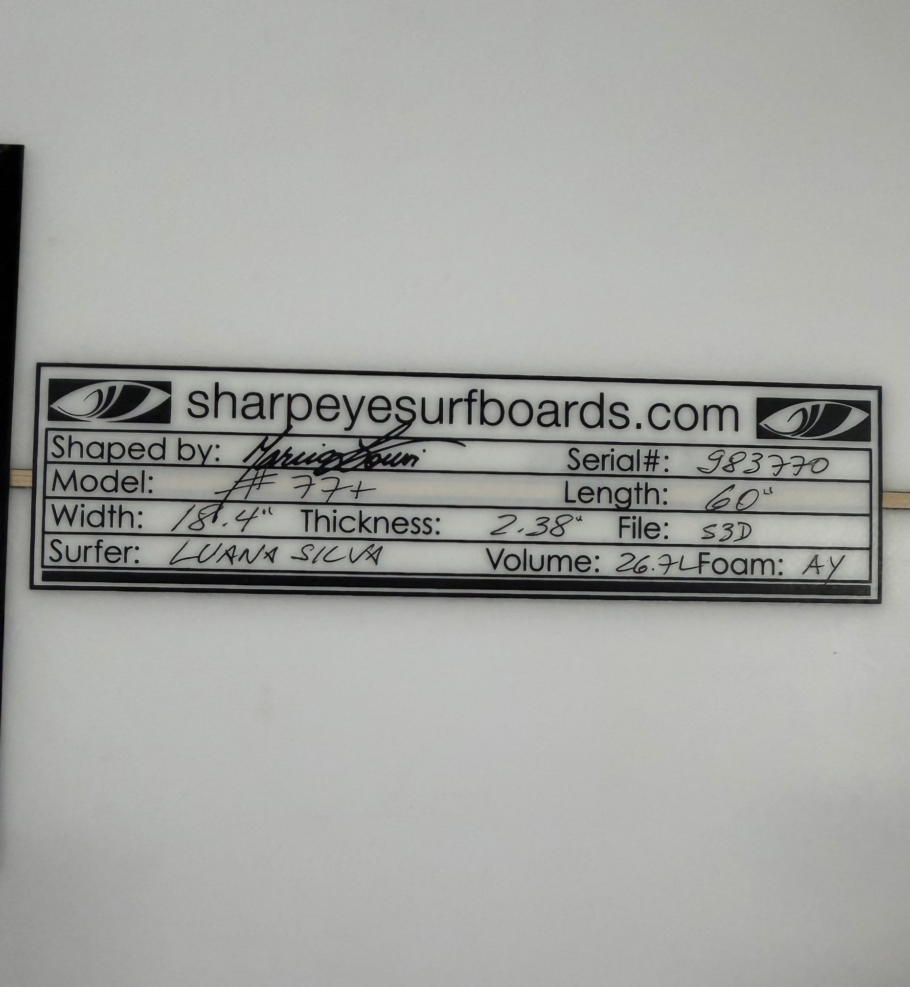 Used Once Luana Silva #77+ 6'0" x 18.4" x 2.38" 26.7L