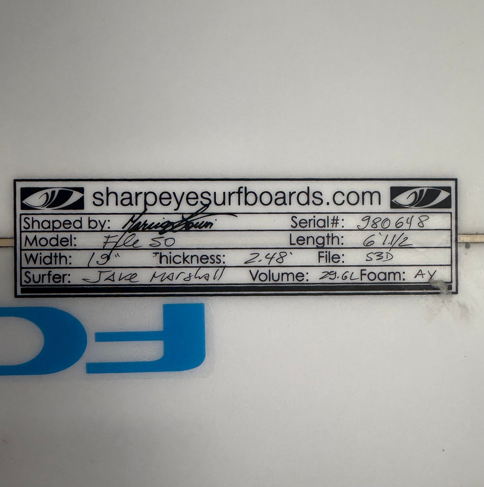 Used Jake Marshall File 50 6'1.5" x 19 " x 2.48" 29.6L