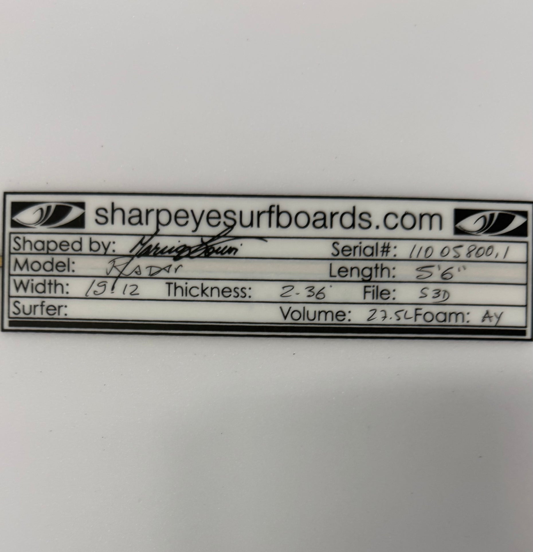 New Radar 5'6" x 19.12" x 2.36" 27.5L