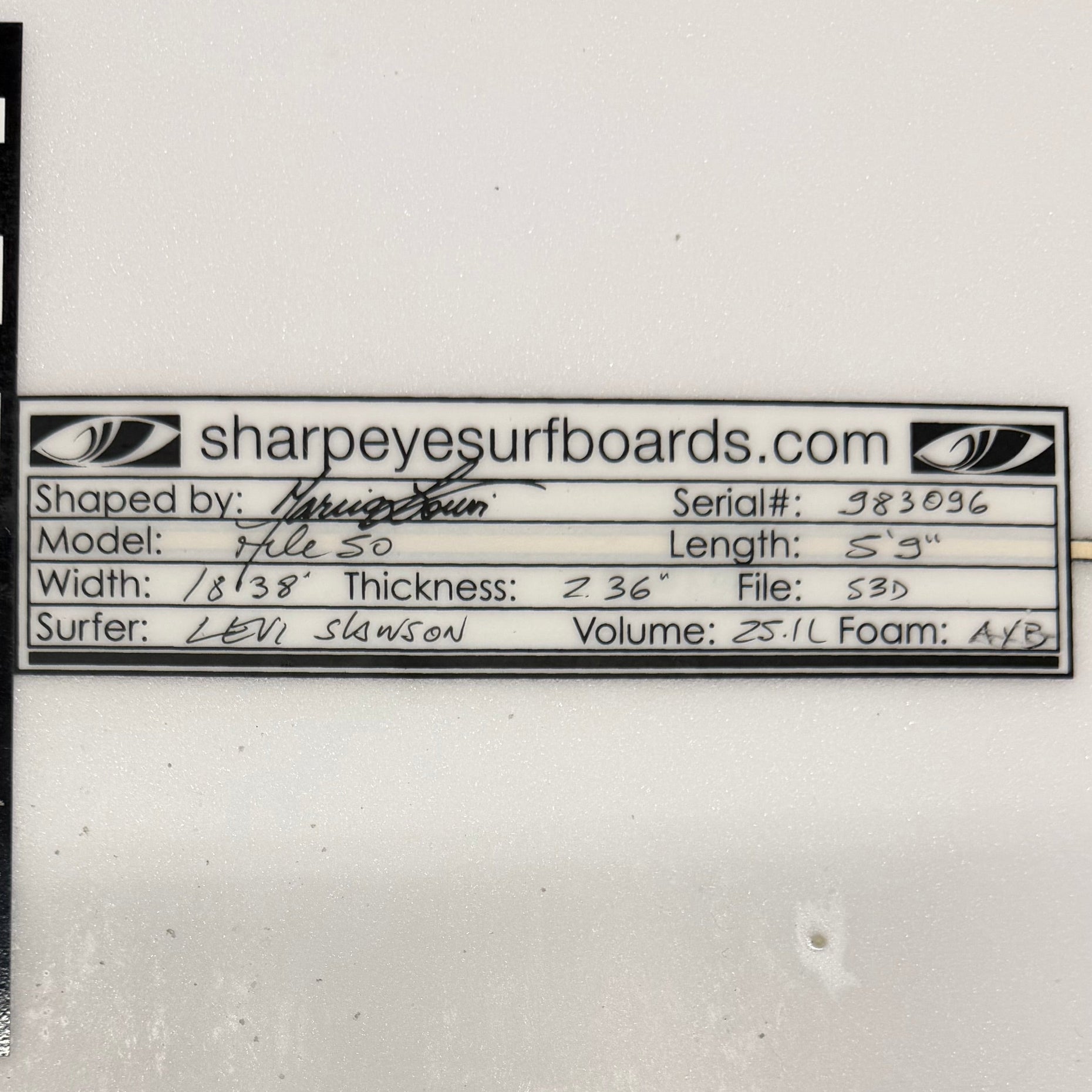 Used Levi Slawson File 50 5'9" x 18.38" x 2.36" 25.1L