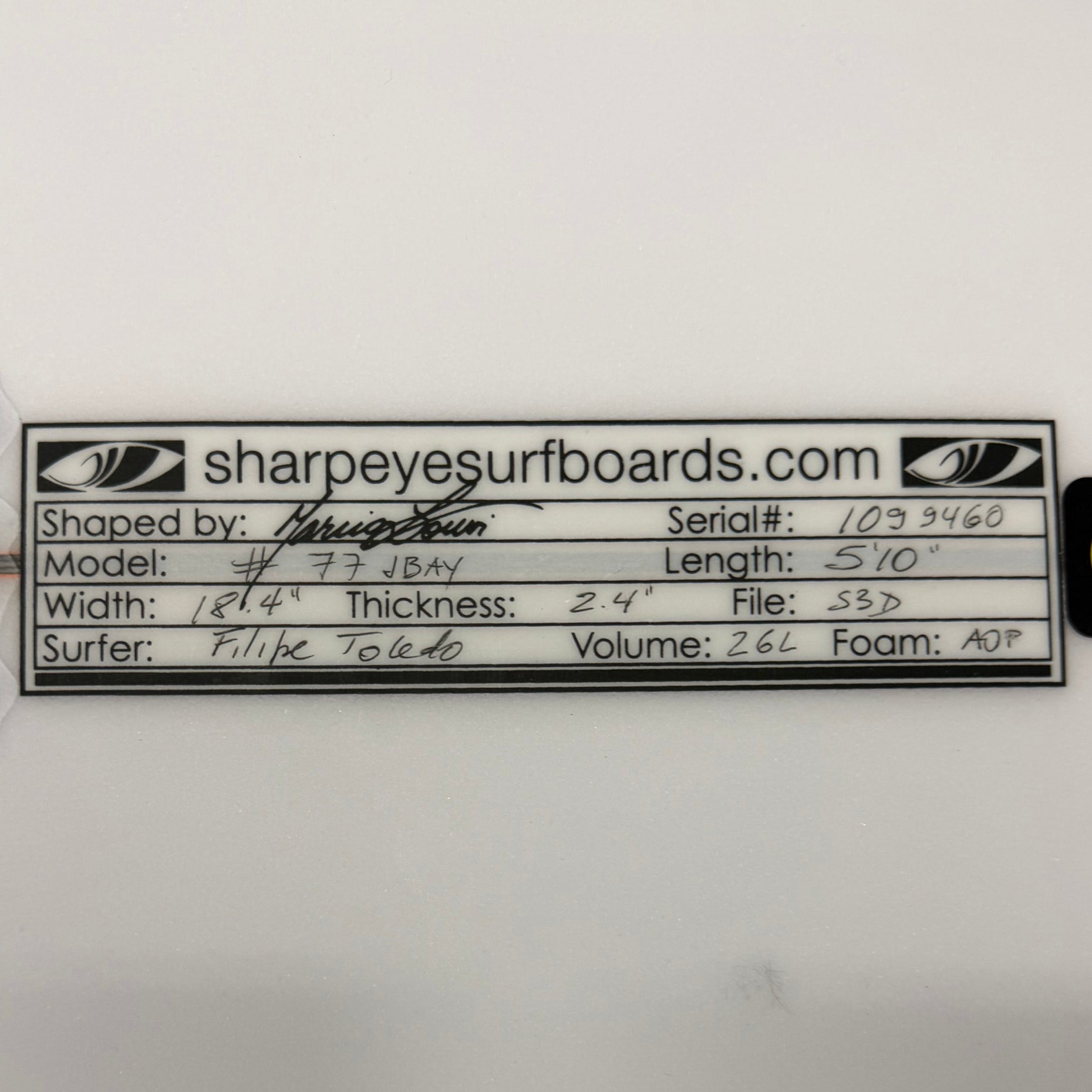 Used Filipe Toledo #77 Jbay 5'10" x 18.4" x 2.4" 26L