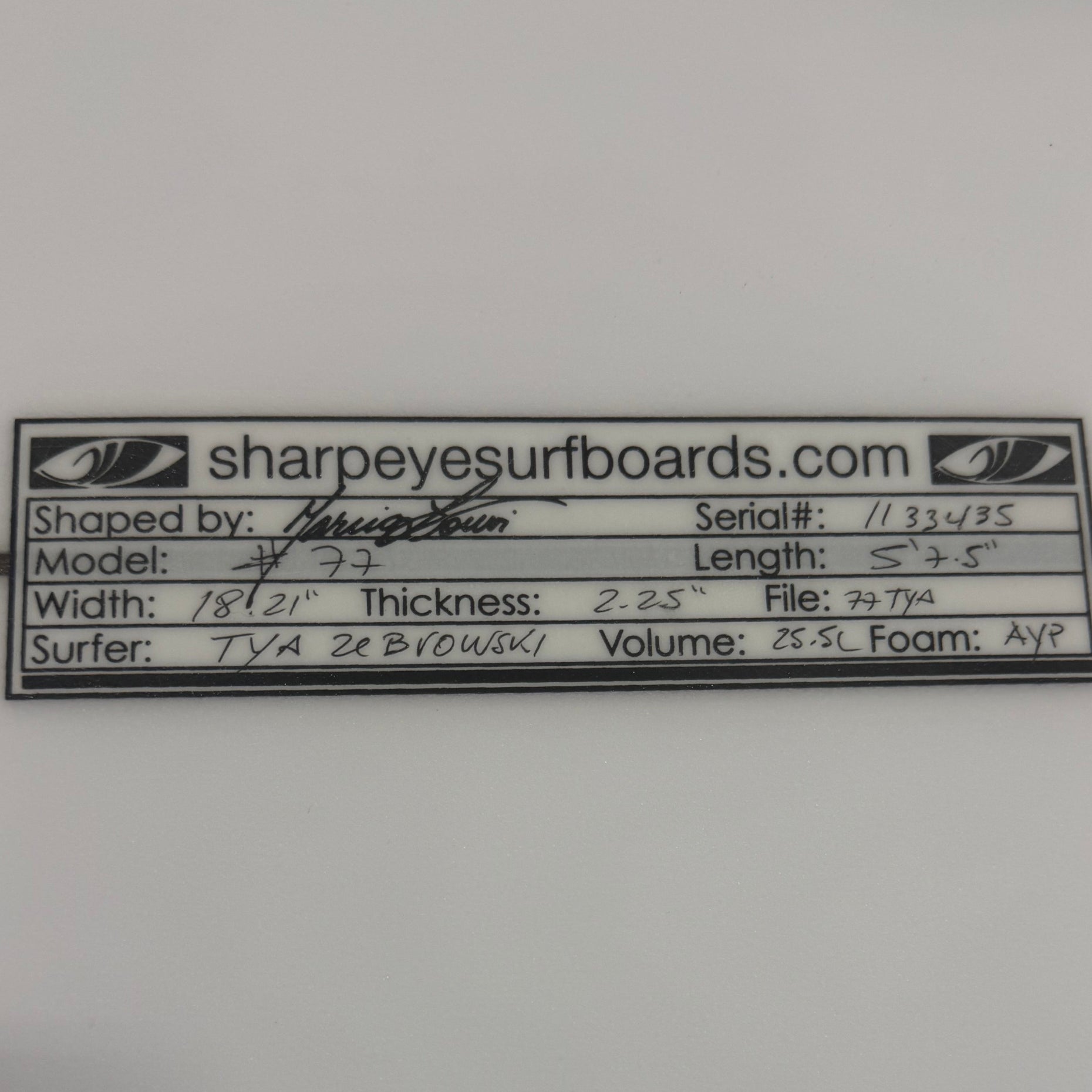New Tya Zebrowski #77 5'7.5" x 18.21" x 2.25" 25.5L