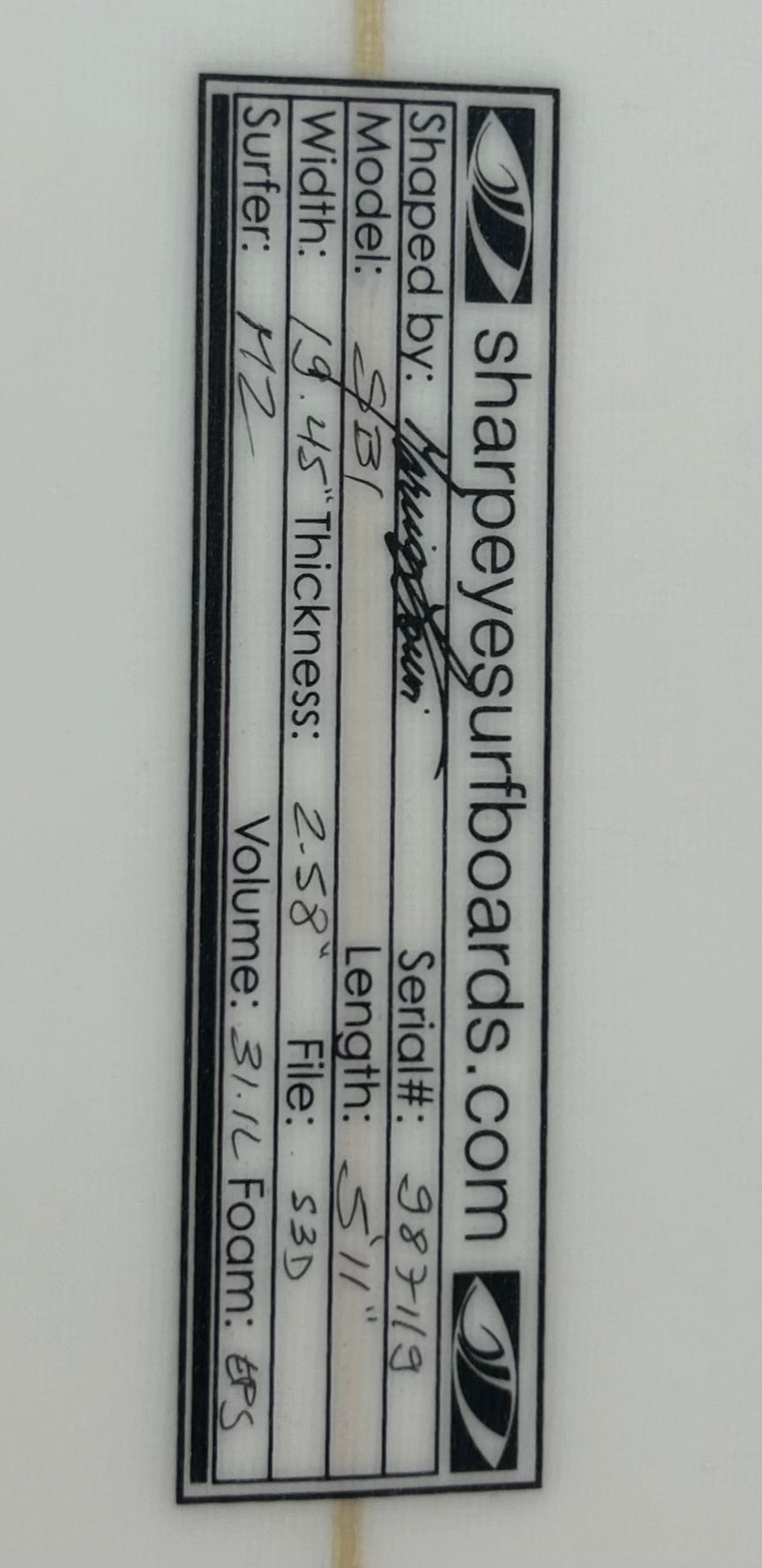 New Marcio Zouvi Epoxy w Stringer SB-1 5'11 x 19.45 x 2.58 31.1L
