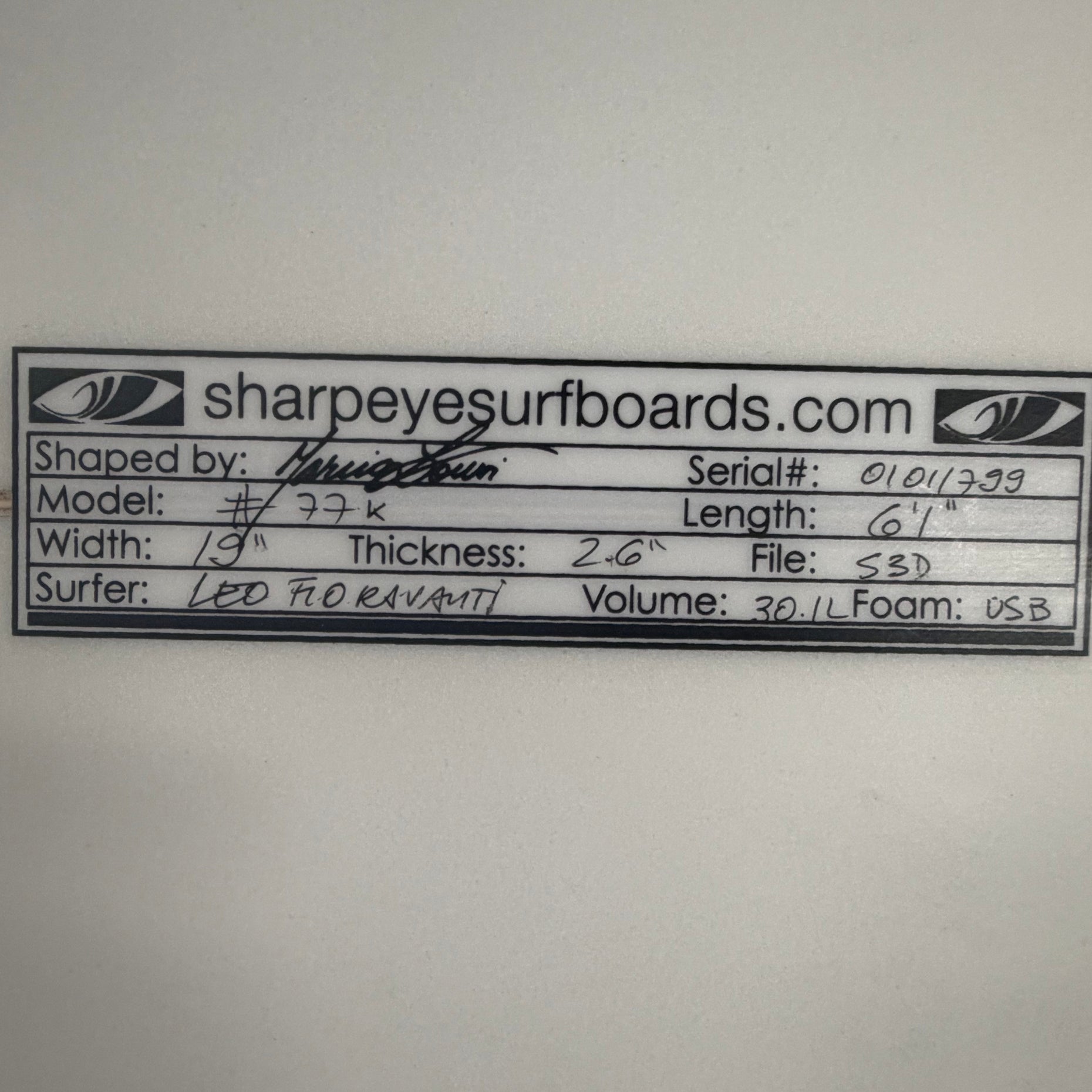 Used Leo Fioravanti #77k 6'1" x 19" x 2.6" 30.1L