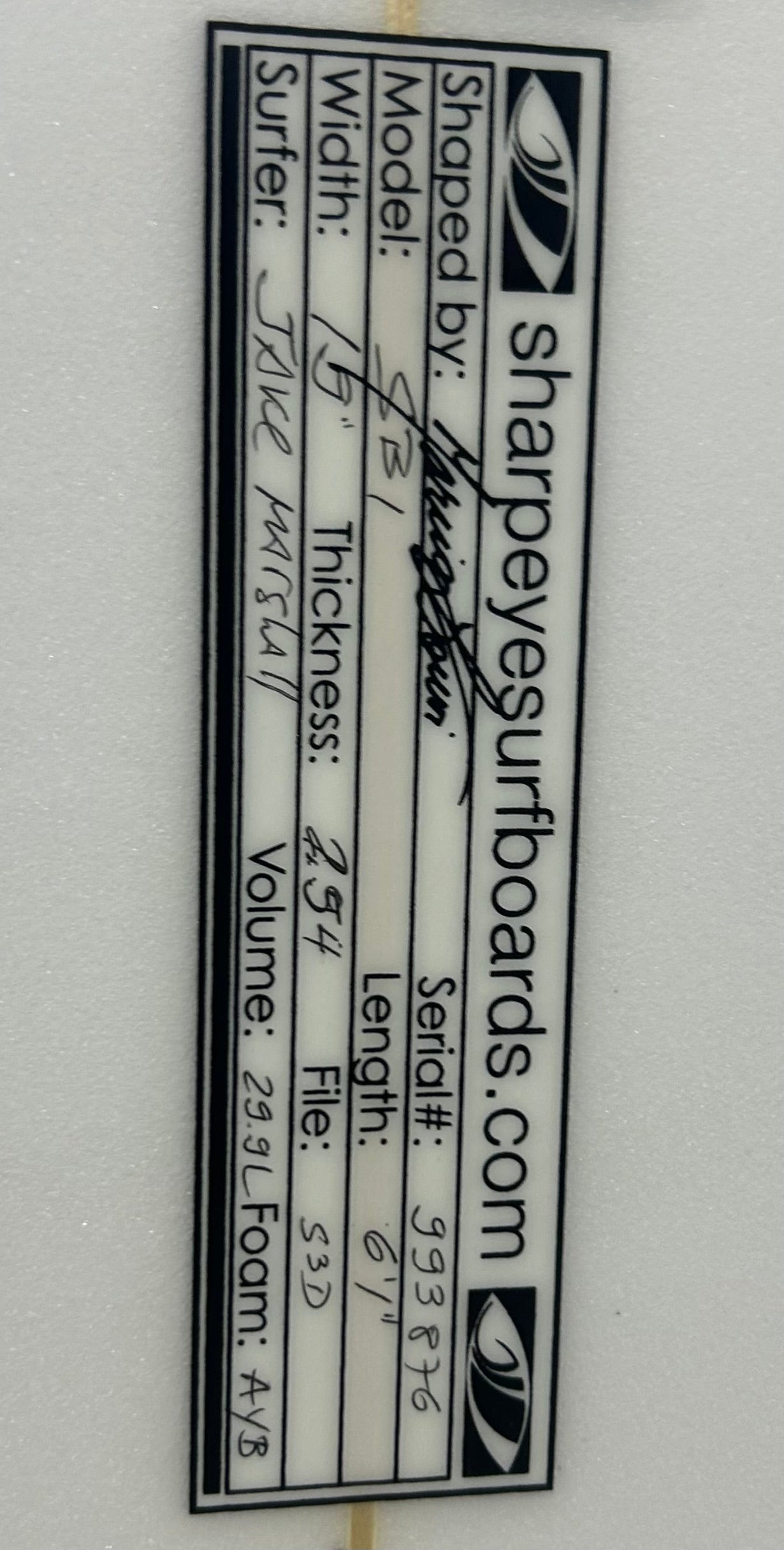 Used Jake Marshall SB-1 6'1 x 19 x 2.54 29.9L