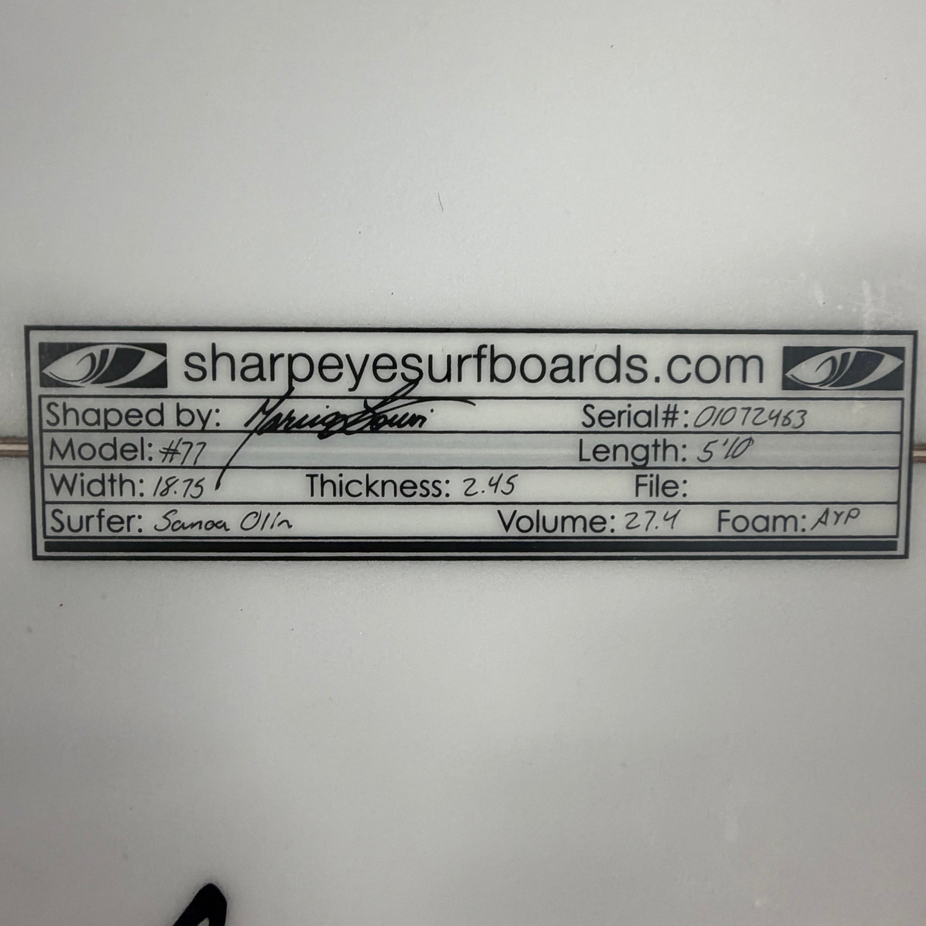Used #77 5'10" x 18.75" x 2.45" 27.4L