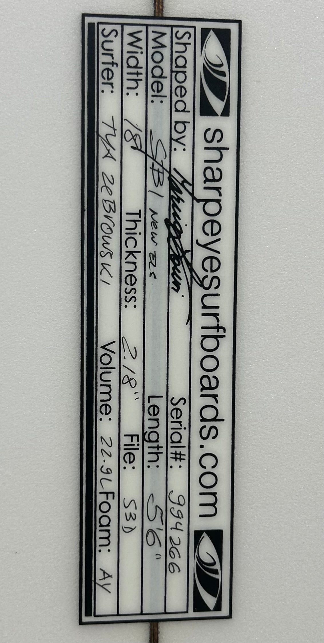Used Tya Zebrowski SB-1 5'6 x 18 x 2.18 22.9L