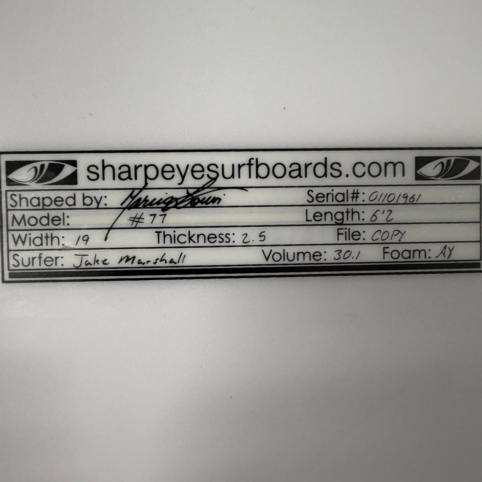 Used Jake Marshall #77 6'2" x 19" x 2.5" 30.1L