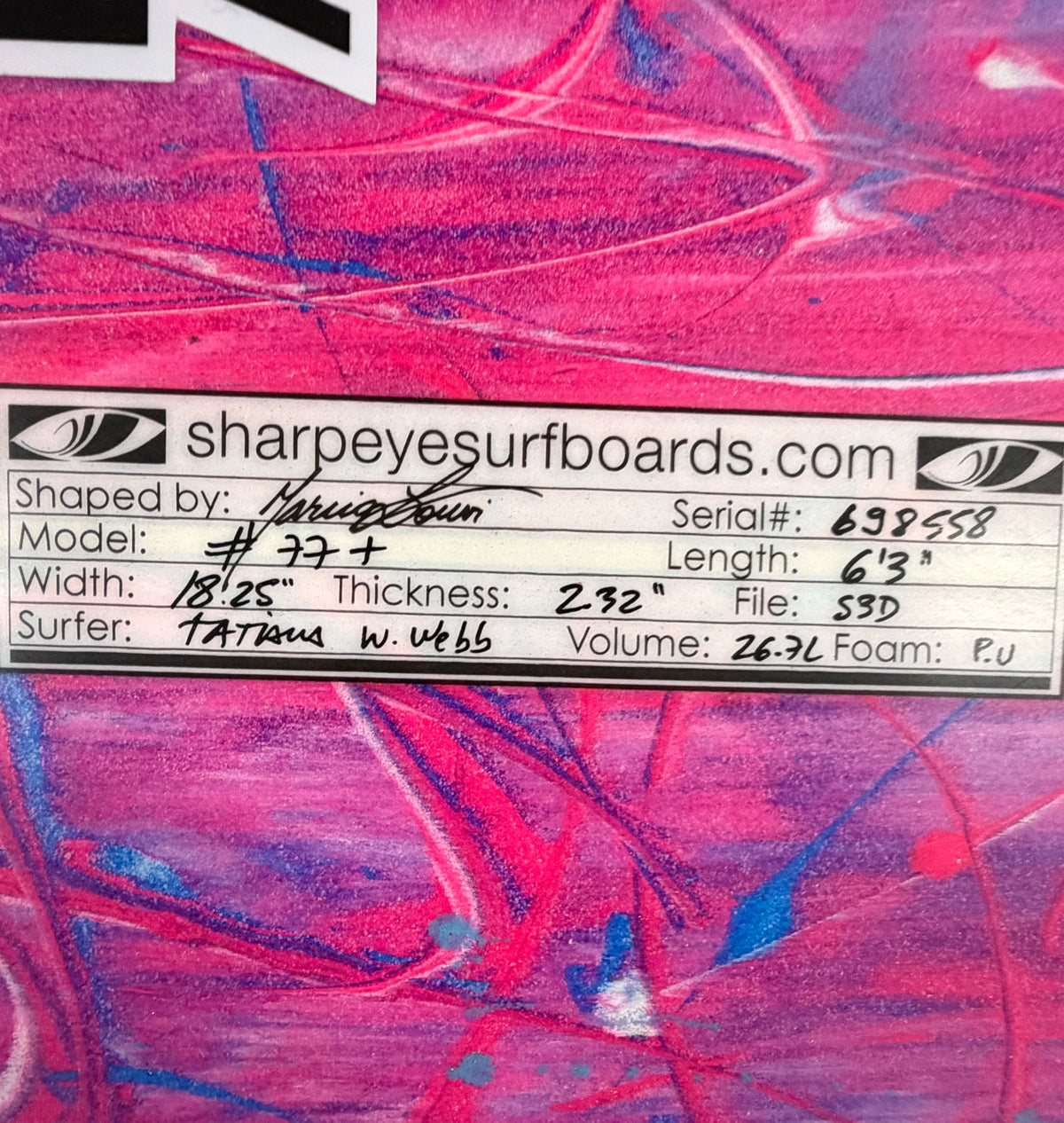 Used Tatiana Weston Webb #77+ 6'3" x 18.25" x 2.32" 27.5L