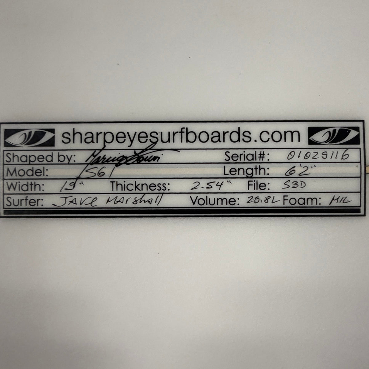 Used Jake Marshall SG-1 6'2" x 19" x 2.54" 29.8L