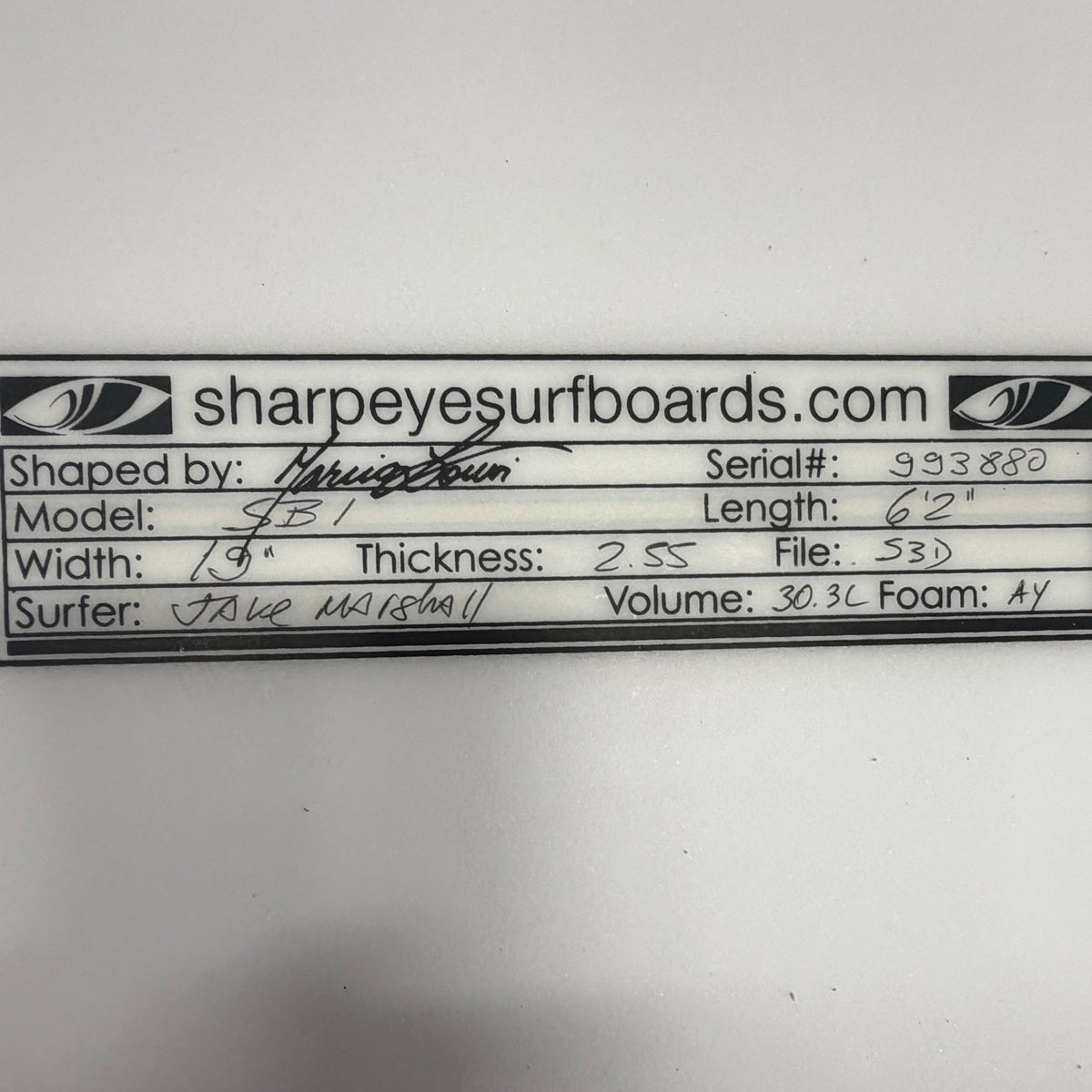 Used Jake Marshall SB-1 6'2" x 19" x 2.55" 30.3L