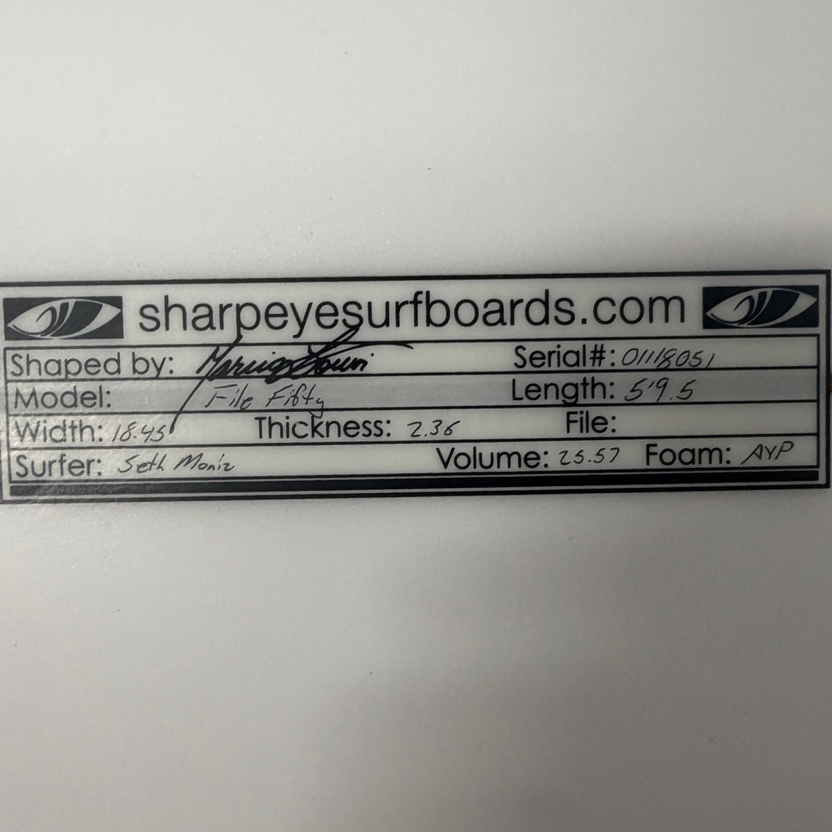 Used Seth Moniz File Fifty 5'9.5" x 18.45" x 2.36" 25.57L
