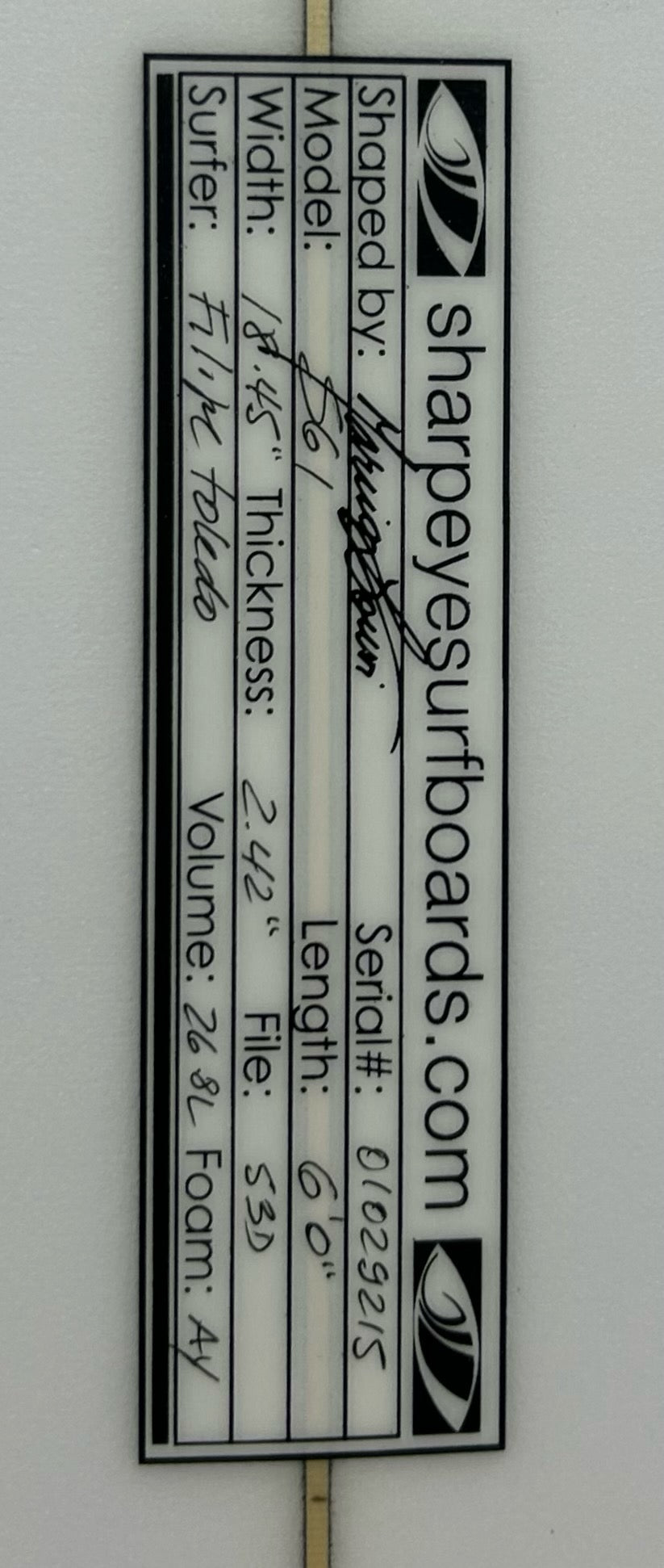 New Filipe Toledo SG-1 6'0 x 18.45 x 2.42 26.8L