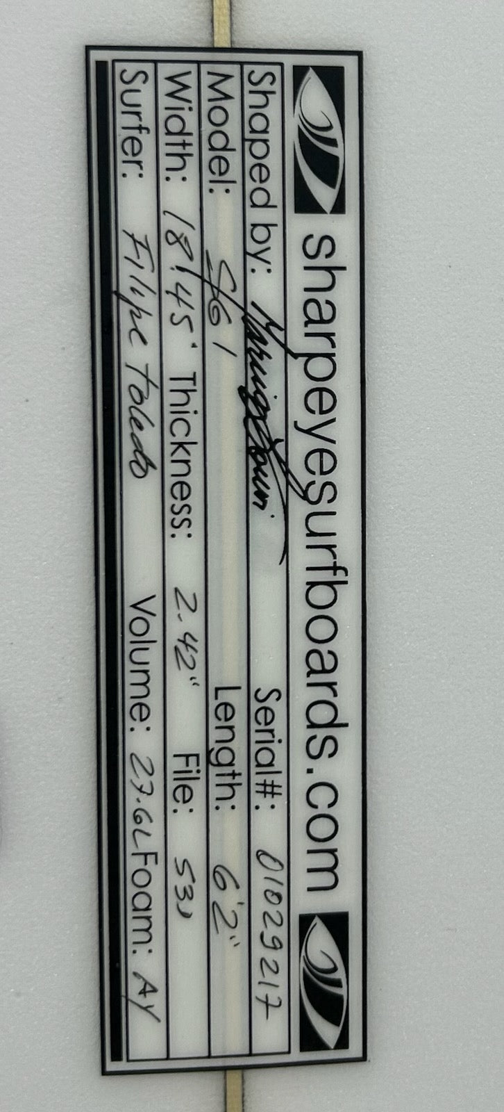 Used Filipe Toledo SG-1 6'2 x 18.45 x 2.42 27.6L