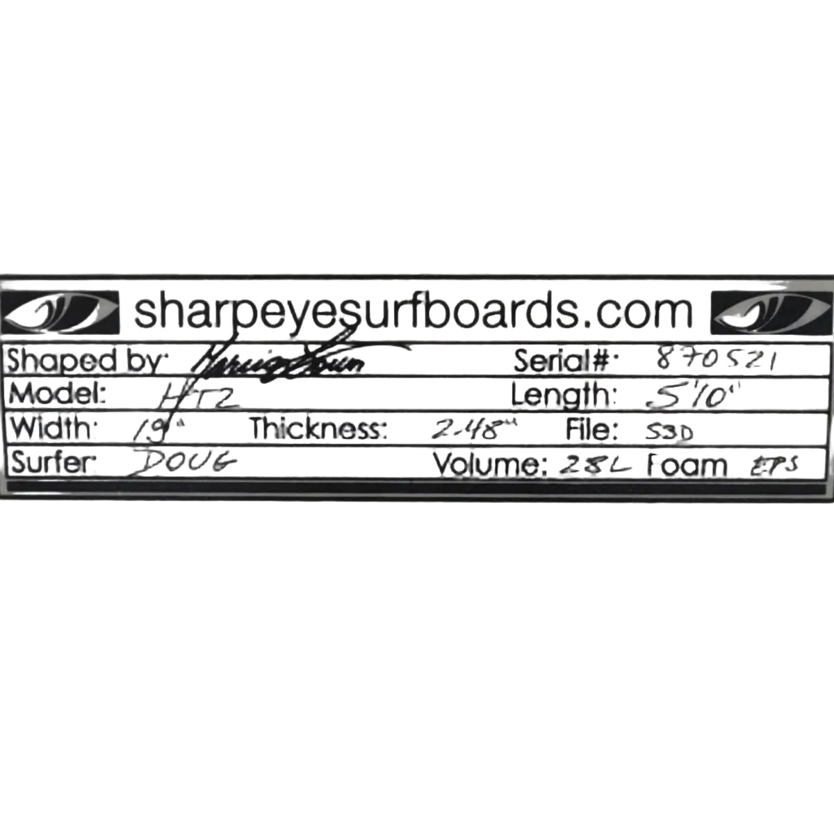 Used HT2 Epoxy with Stringer 5'10" x 19" x 2.48" 28L