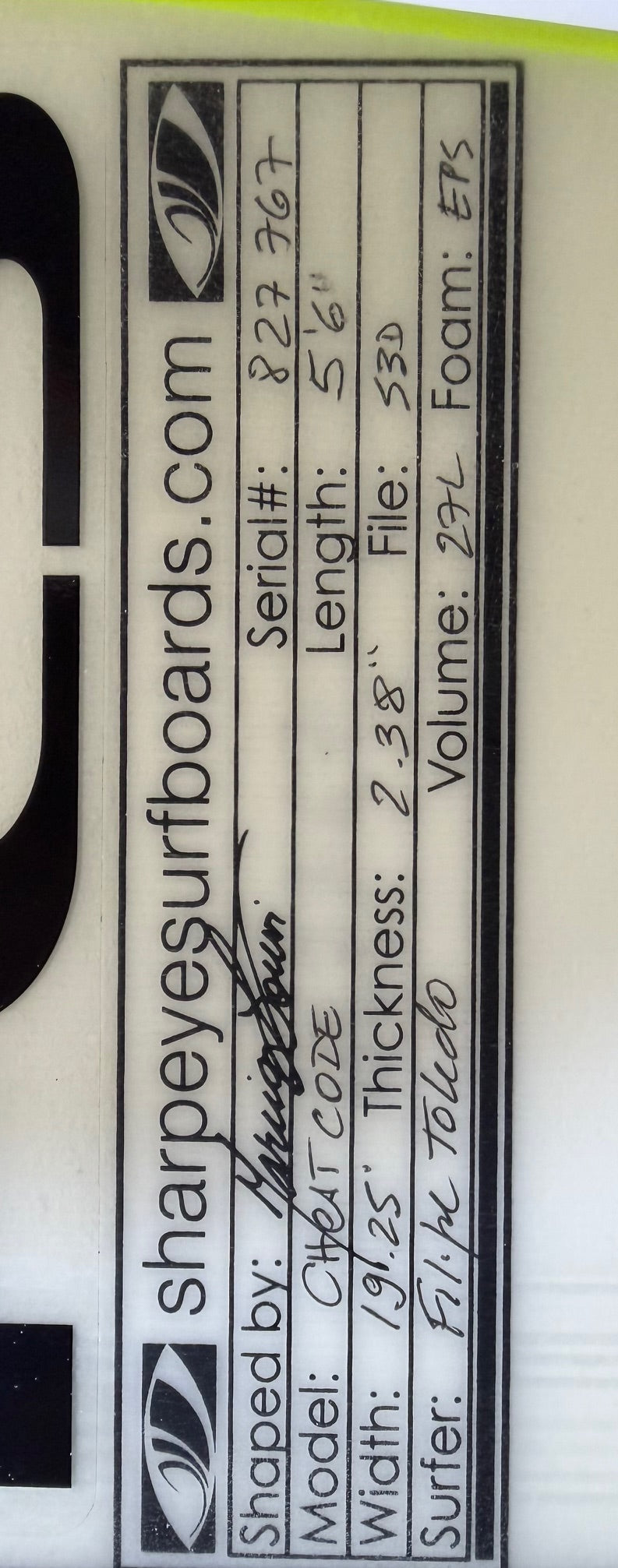 Used Filipe Toledo E3 Custom Cheat Code 5'6 x 19.25 x 2.38 27L