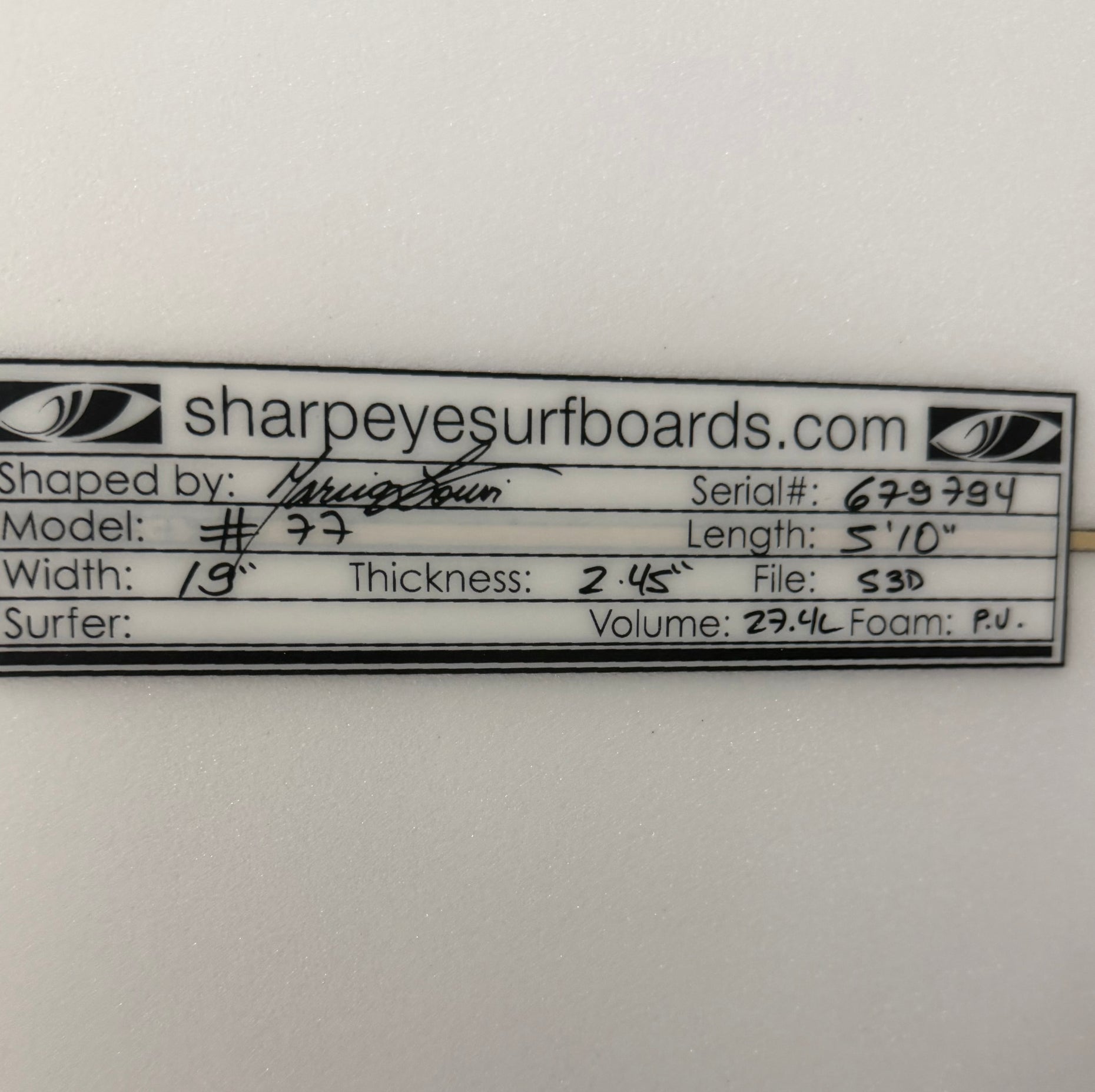 New #77 5'10" x 19" x 2.45" 27.4L (Minor Pressure Ding on Deck)