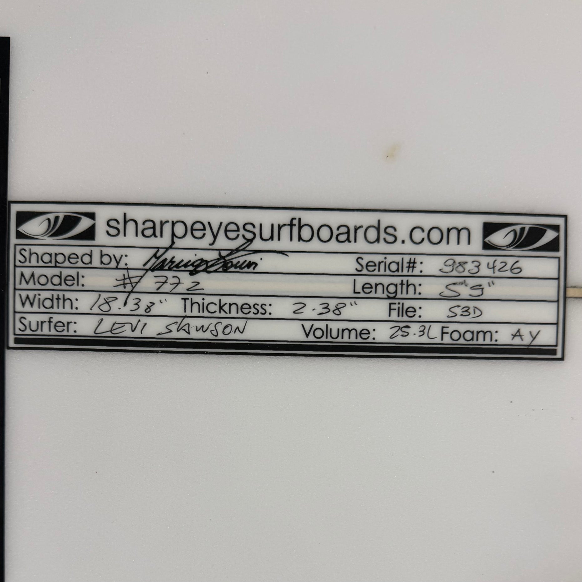 Used Levi Slawson #77z 5'9" x 18.38" x 2.38" 25.3L