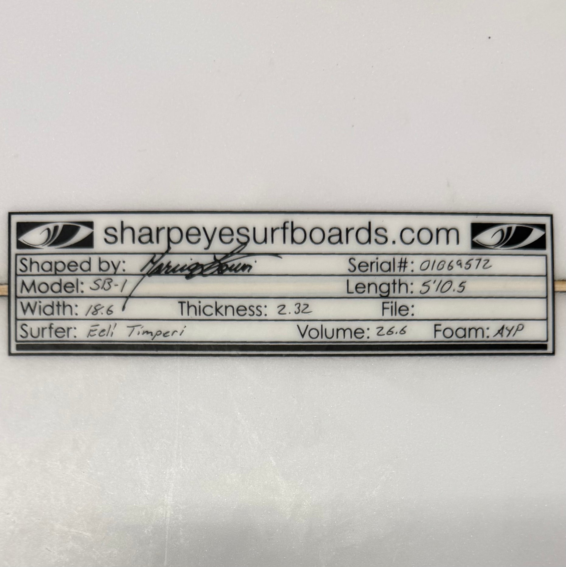 Used Eeli Timperi SB-1 5'10.5" x 18.6" x 2.32" 26.6L