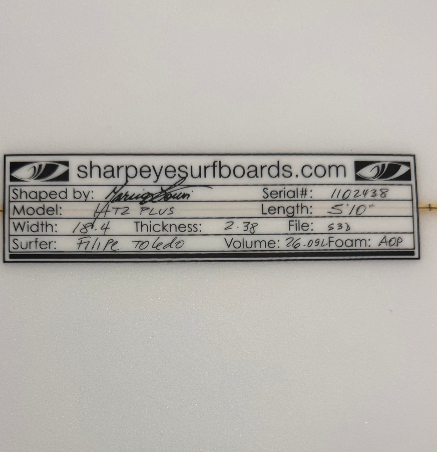 New Filipe Toledo HT2 + 5'10" x 18.4" x 2.38" 26.09L