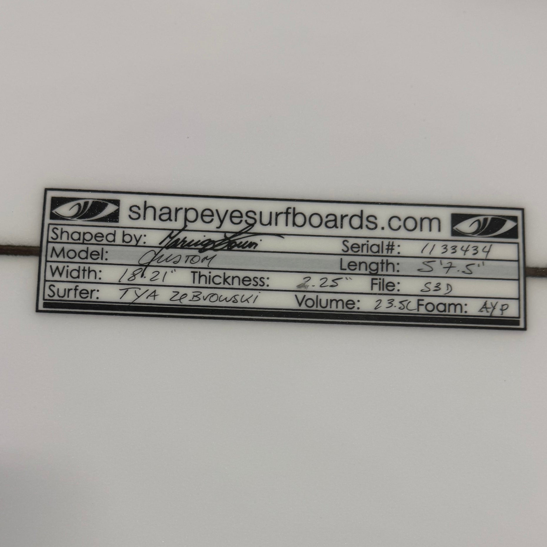 New Tya Zebrowski Custom 5'7.5" x 18.21" x 2.25" 23.5L