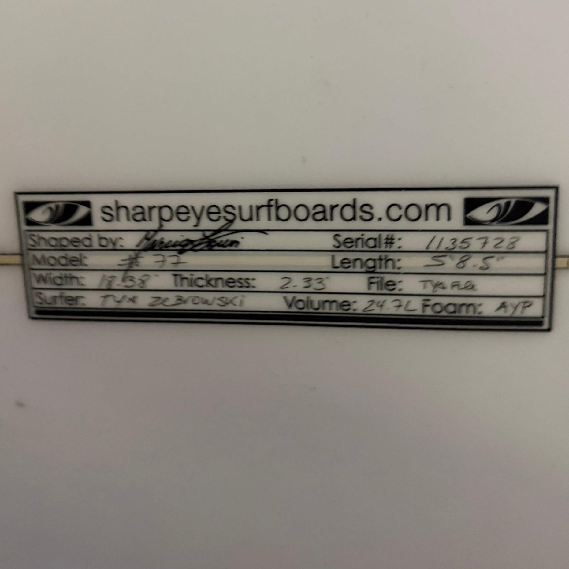 Used Tya Zebrowski #77 Tya 5'8.5" x 18.38" x 2.33" 24.7L