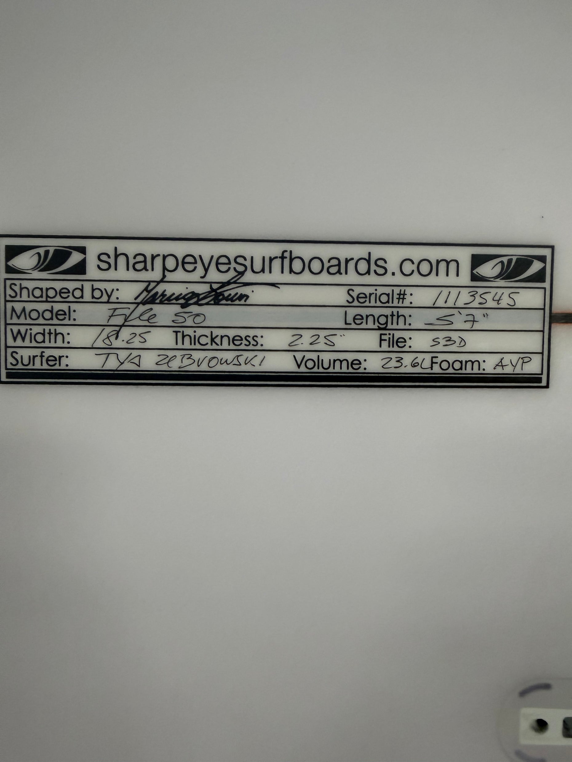 Used Tya Zebrowski File 50 5'7" x 18.25" x 2.25" 23.6L
