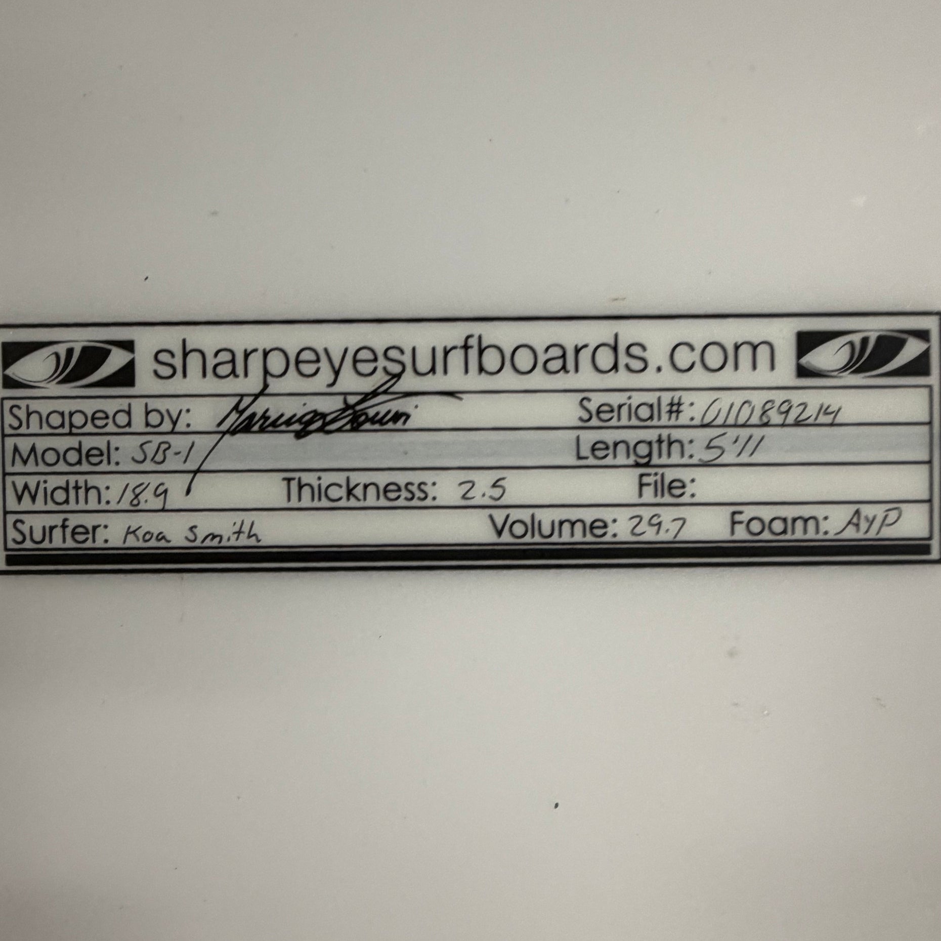 Used Koa Smith SB-1 5'11" x 18.9" x 2.5" 29.7L