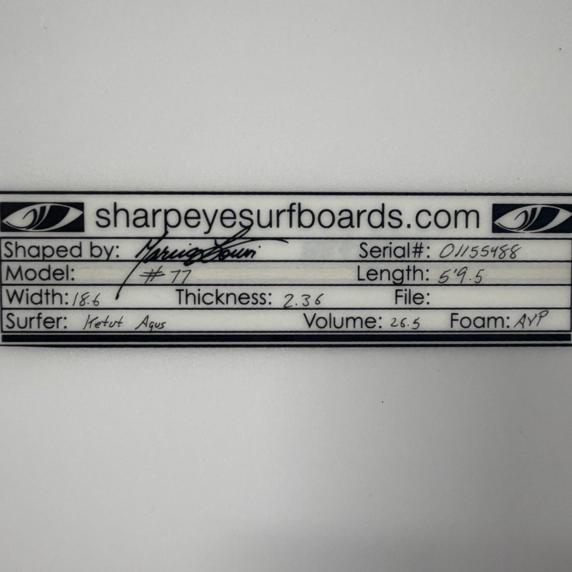 New Ketut Agus #77 5'9.5" x 18.6" x 2.36" 26.5L