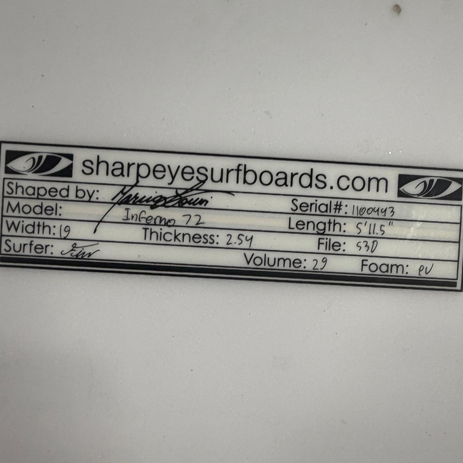 Lightly Used Inferno 72 5'11.5" x 19" x 2.54" 29L