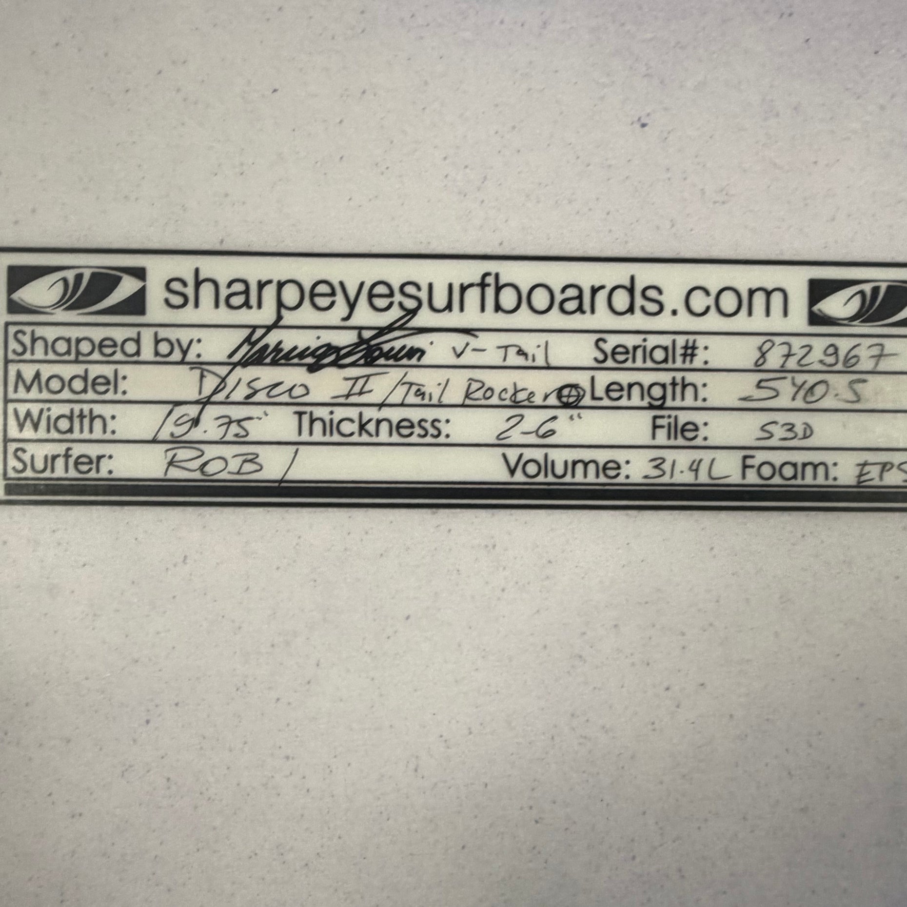 Used Epoxy with Stringer Disco II 5'10.5" x 19.75" x 2.6" 31.4L
