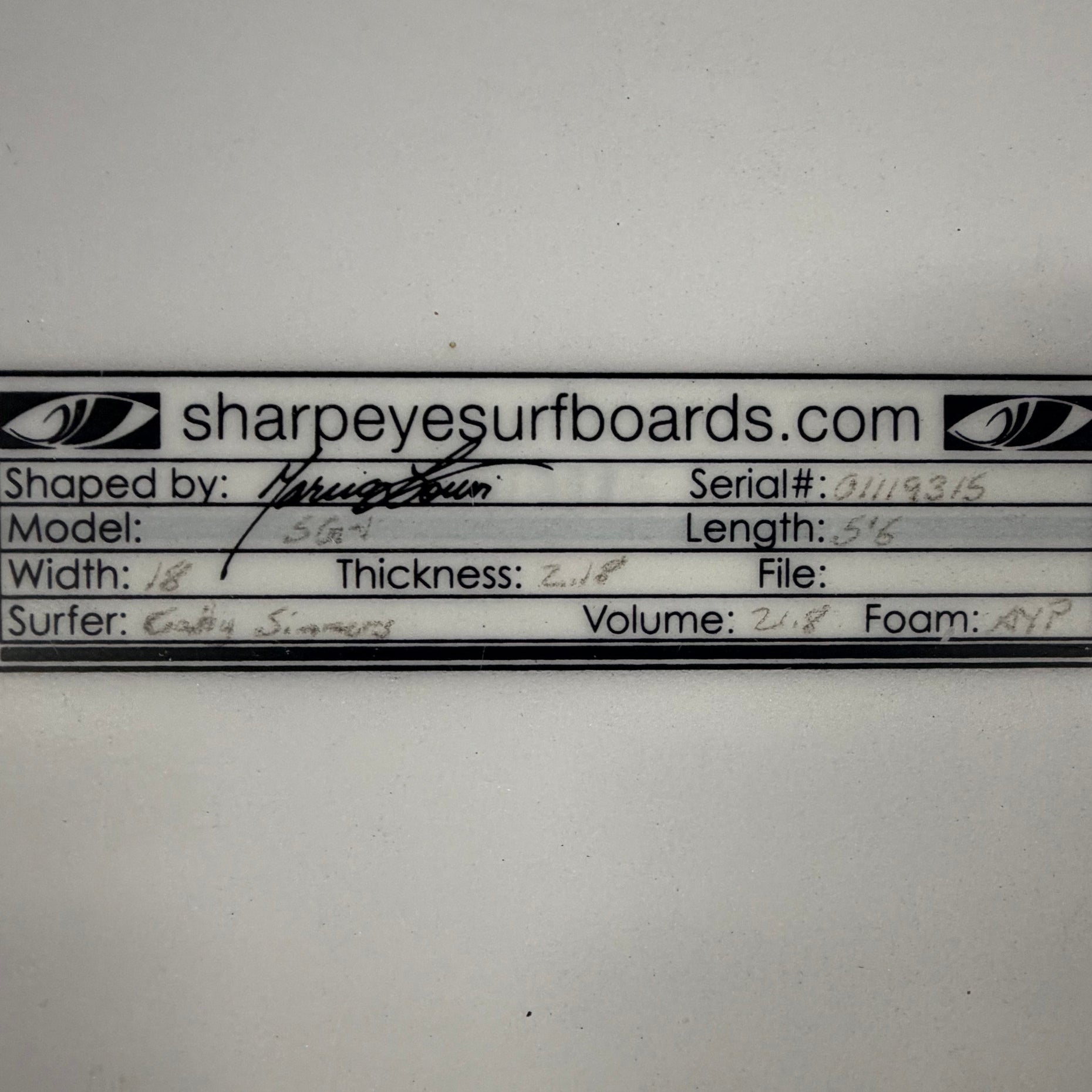 Used Caity Simmers SG-1 5'6" x 18" x 2.18" 21.8L