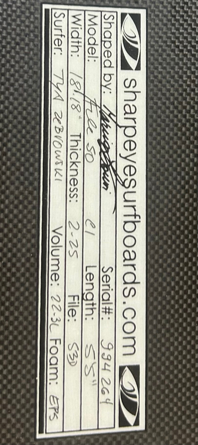 Used Tya Zebrowski C1 Custom File Fifty 5'5 x 18.18 x 2.25 22.3L